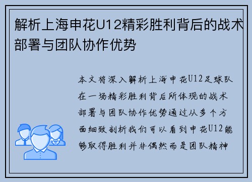 解析上海申花U12精彩胜利背后的战术部署与团队协作优势